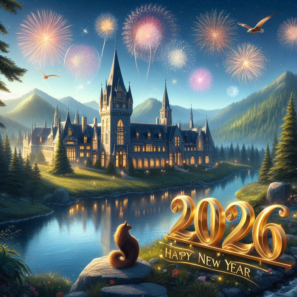 Fantasy castle by a lake with fireworks overhead and golden 2026 Happy New Year text