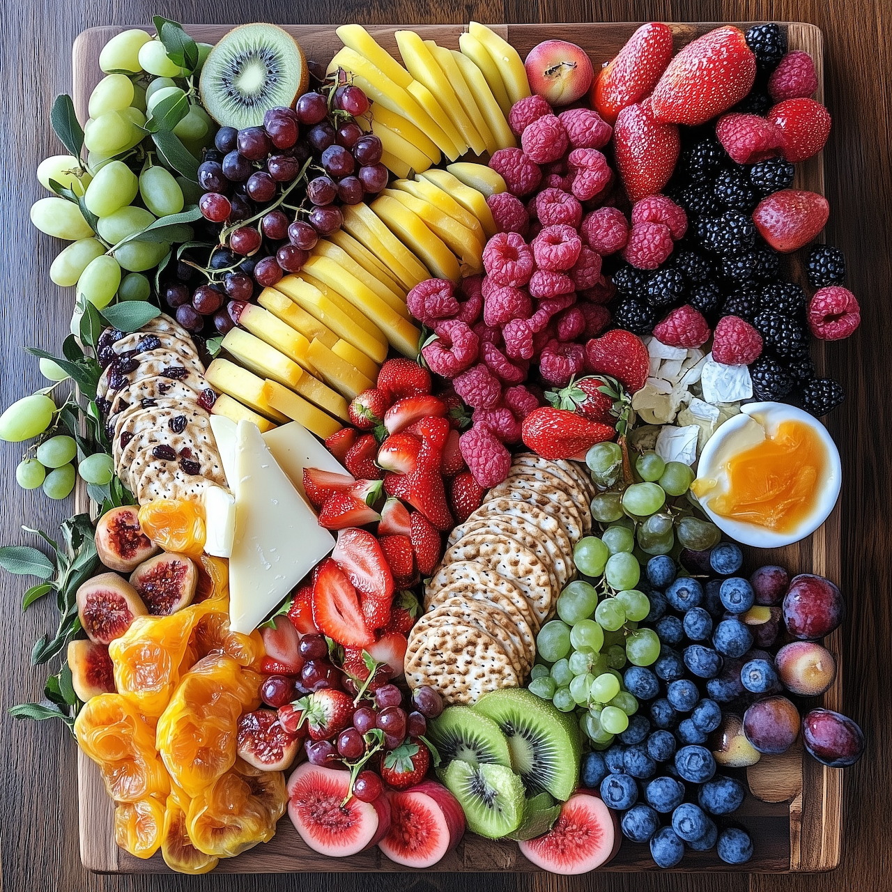 Rainbow arrangement of fresh fruits including berries, tropical fruits, and citrus on a wooden board with honey dipper