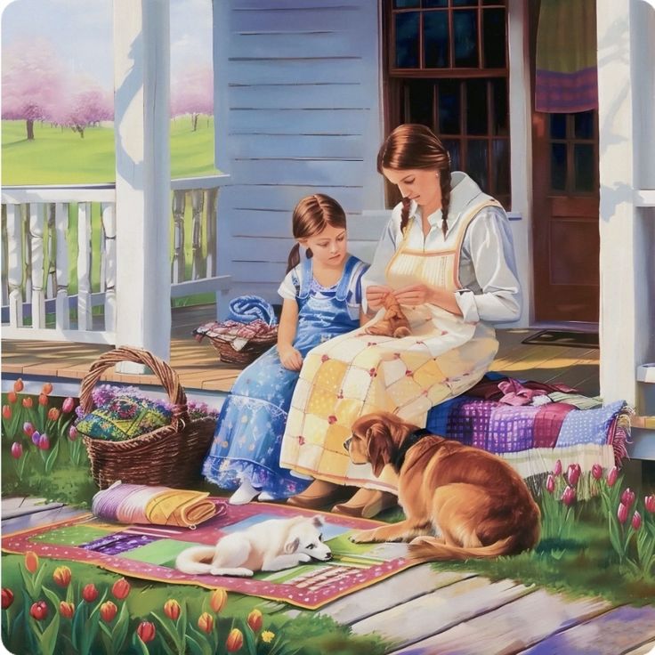Mother and daughter sitting on porch with picnic blanket, dog sleeping on colorful quilt, flower baskets nearby
