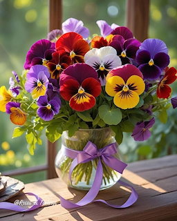 Colorful pansy bouquet in glass vase with purple ribbon on wooden table near window