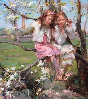 Painting of two girls in white and pink dresses sitting on a blossoming tree branch in spring