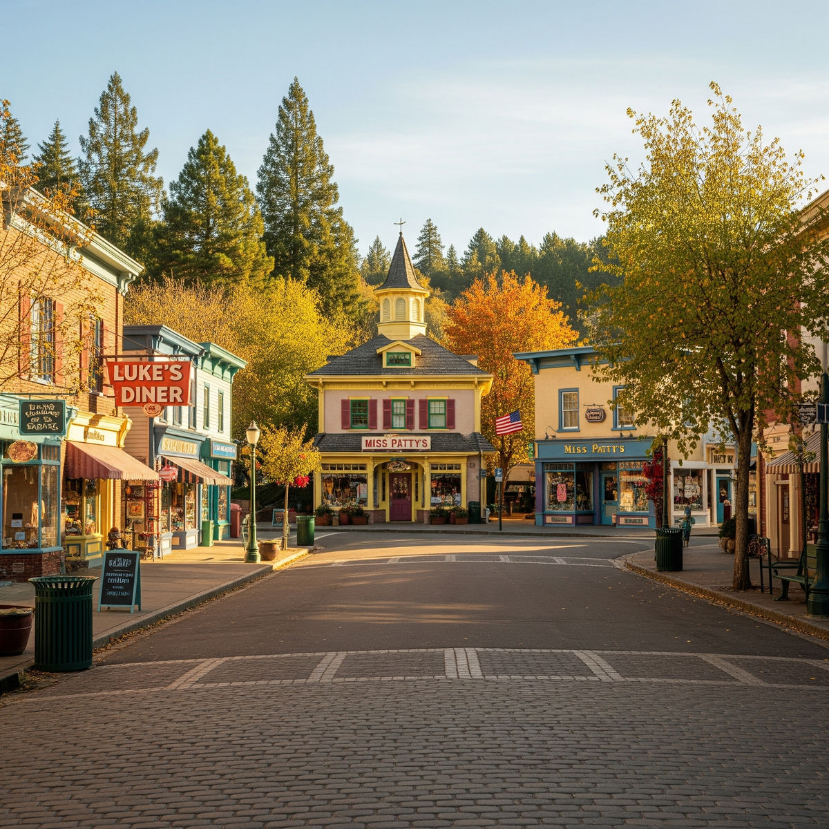 Quaint small town street with colorful storefronts, autumn foliage, and a blue sky
