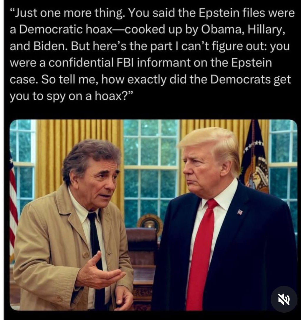 Two men in suits talking indoors with political commentary text overlay