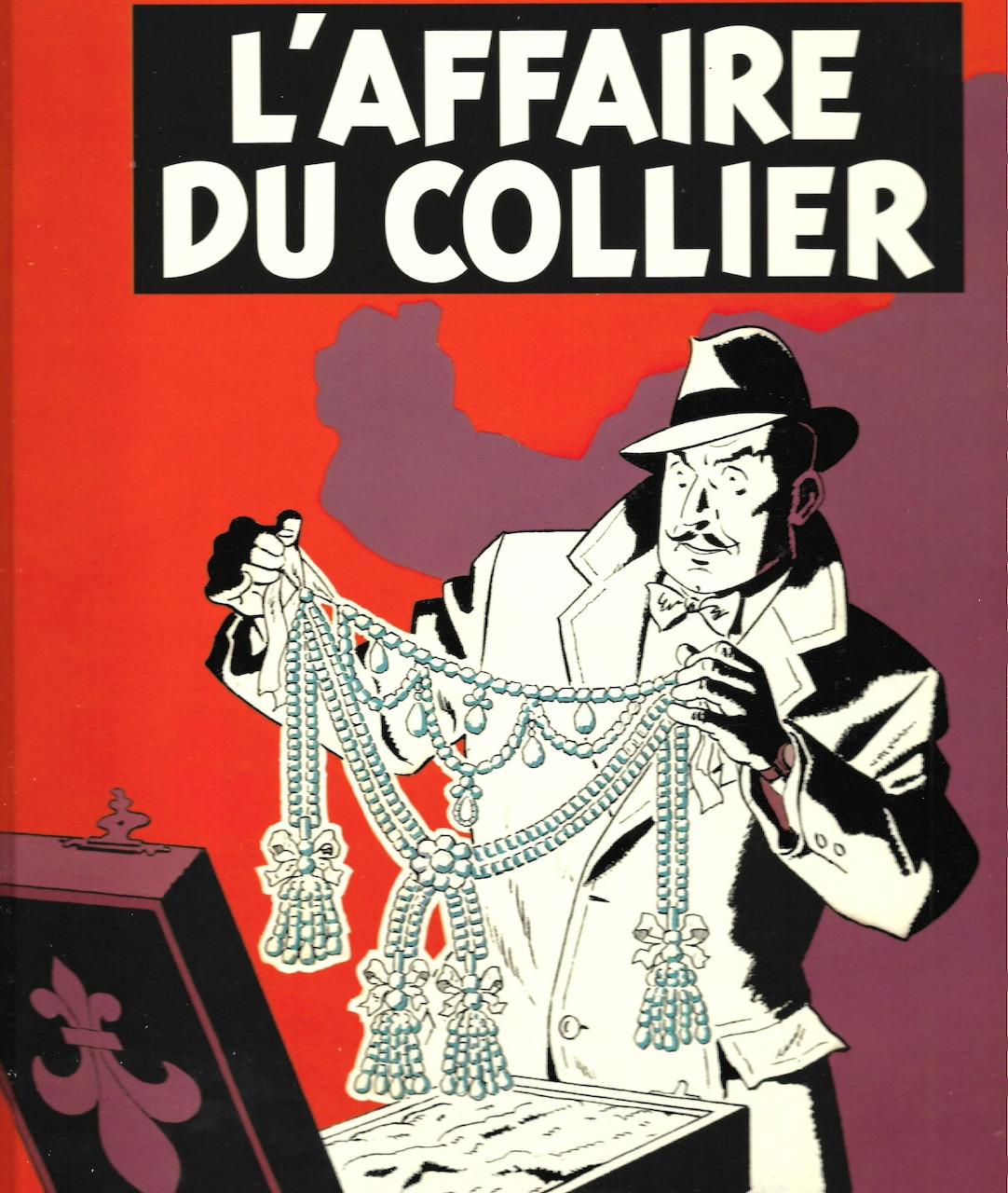 Retro comic cover with detective figure holding papers, red background with dark silhouettes, French text 'L'Affaire du Collier'