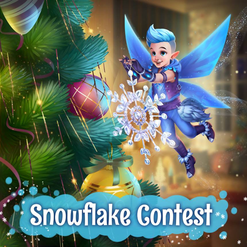 Blue fairy placing a snowflake ornament on a decorated Christmas tree