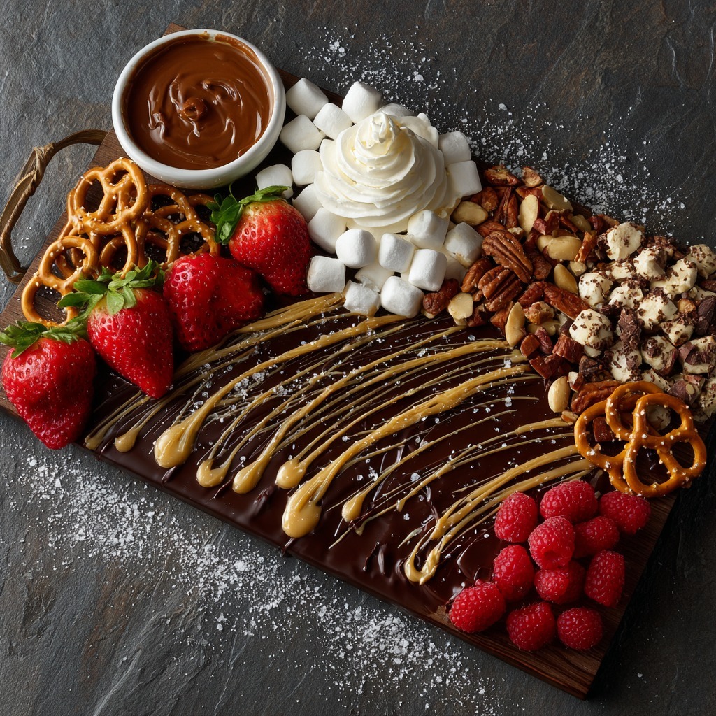 Dessert platter with chocolate crepes, strawberries, raspberries, whipped cream, pretzels and mixed nuts
