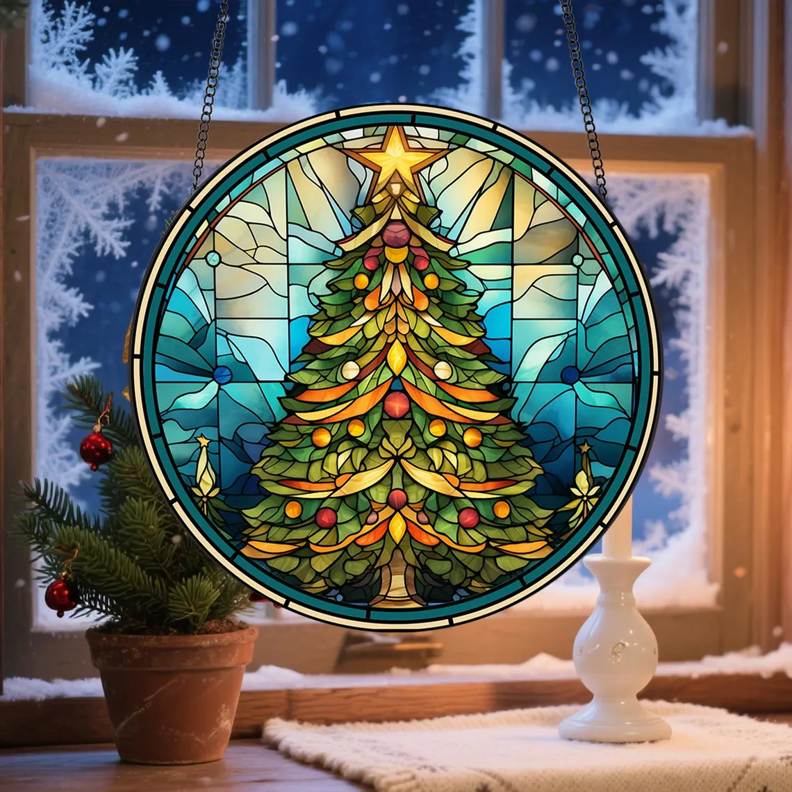 Circular stained glass Christmas tree suncatcher hanging in a window with snowy winter scene outside