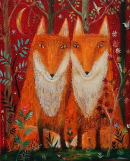 Colorful painting of two foxes sitting side by side in a red forest with leaves and a crescent moon