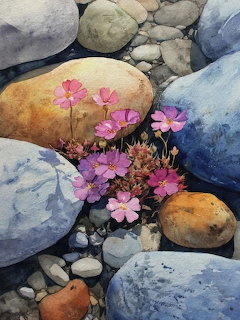 Watercolor painting of pink flowers bloming between colorful smooth river rocks