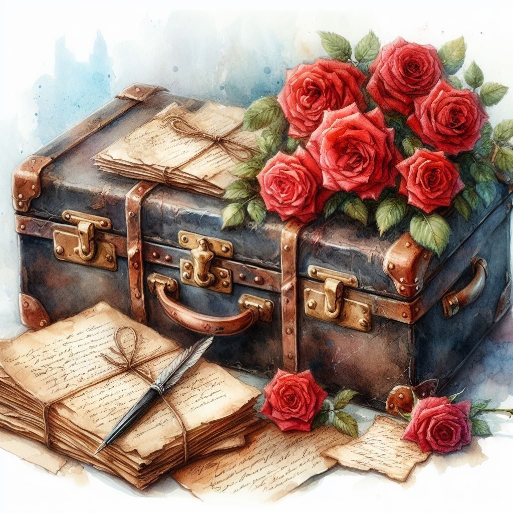 Watercolor of a vintage suitcase with old letters and red roses