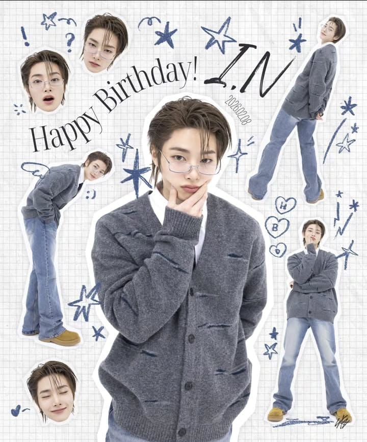 Birthday collage of I.N. in gray outfit with multiple poses and celebratory decorations