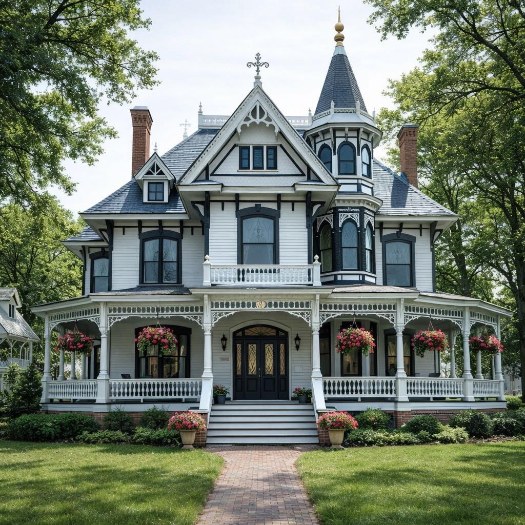 White Victorian mansion with turret and decorative trim surrounded by green lawn and trees