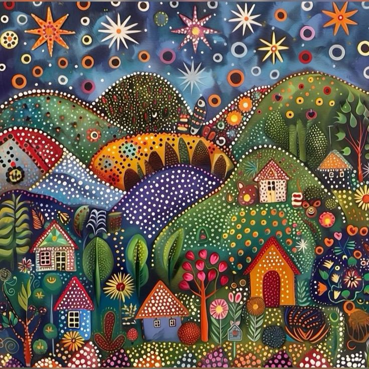 Whimsical folk art village with dotted houses, colorful trees, and patterned sky