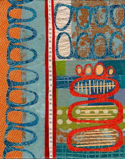 Abstract art with blue dotted spirals, red stripes, and colorful geometric patterns on textured background