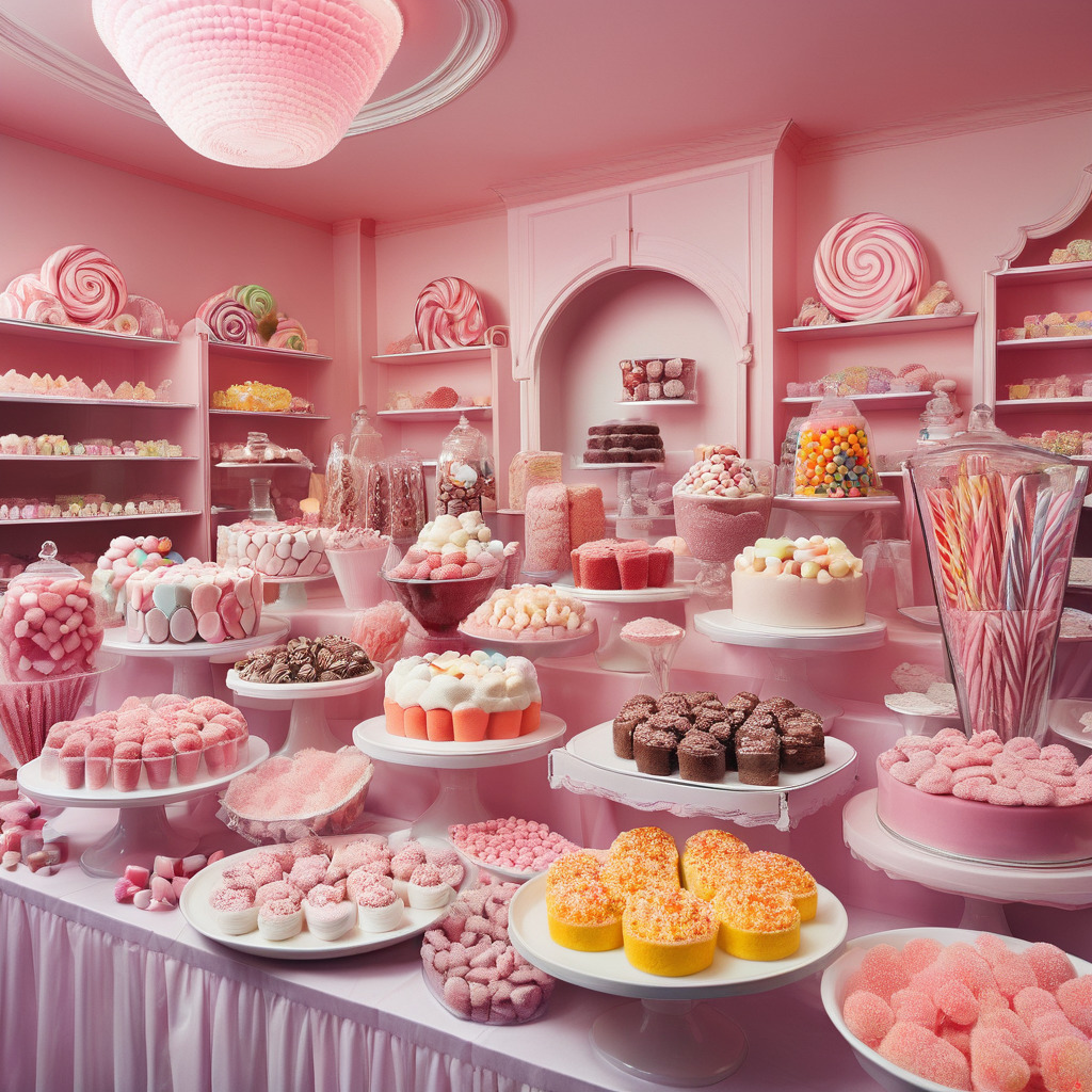 Pink candy store interior with shelves of sweets, desserts on white tables, and candy jars
