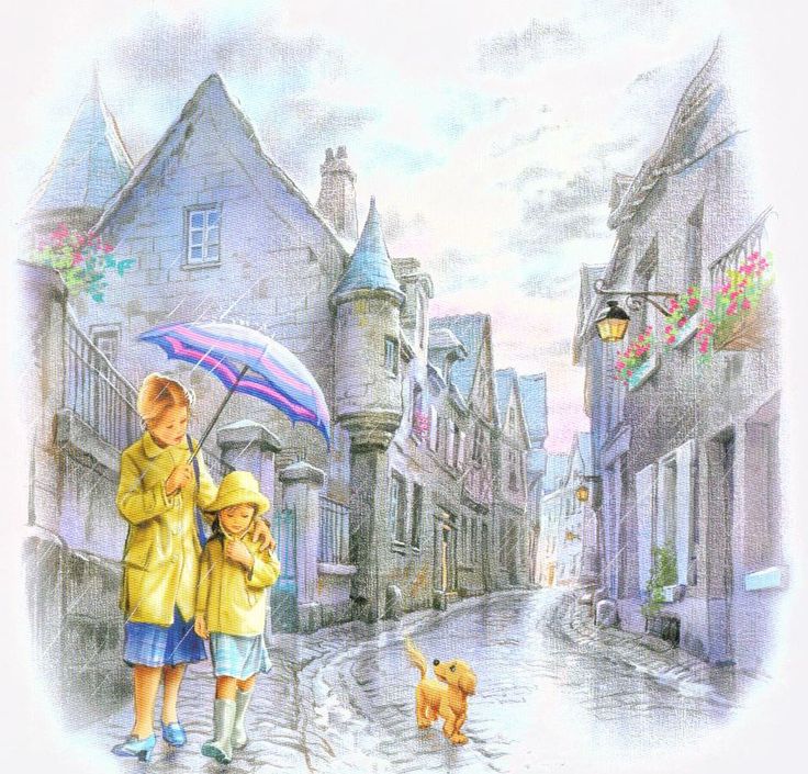 Two figures in yellow raincoats with purple umbrella walking dog on rainy cobblestone street with old buildings