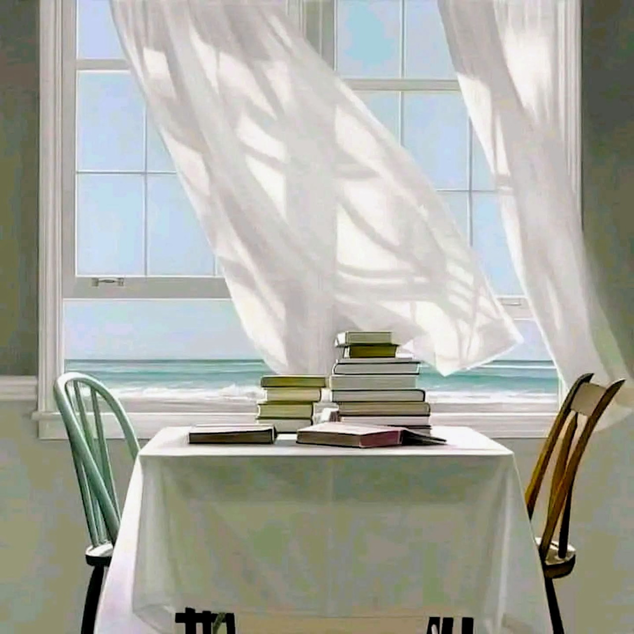 Painting of books on a table by an open window with flowing white curtains and a beach view