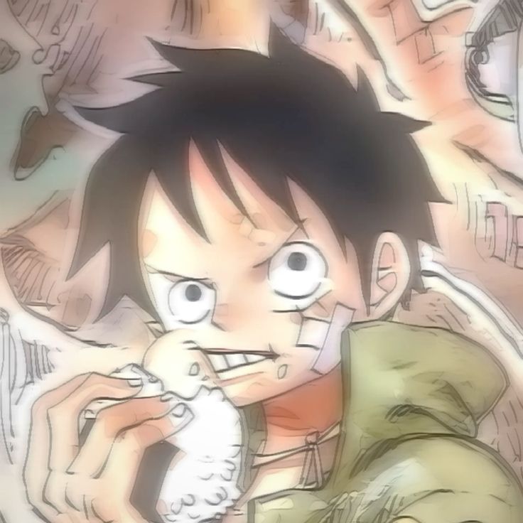 Anime boy with black hair and straw hat eagerly eating meat, surrounded by newspaper clippings