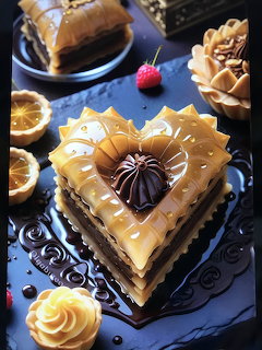 Heart-shaped layered cake with caramel frosting, chocolate center, cream roses and decorative elements on dark ornate plate