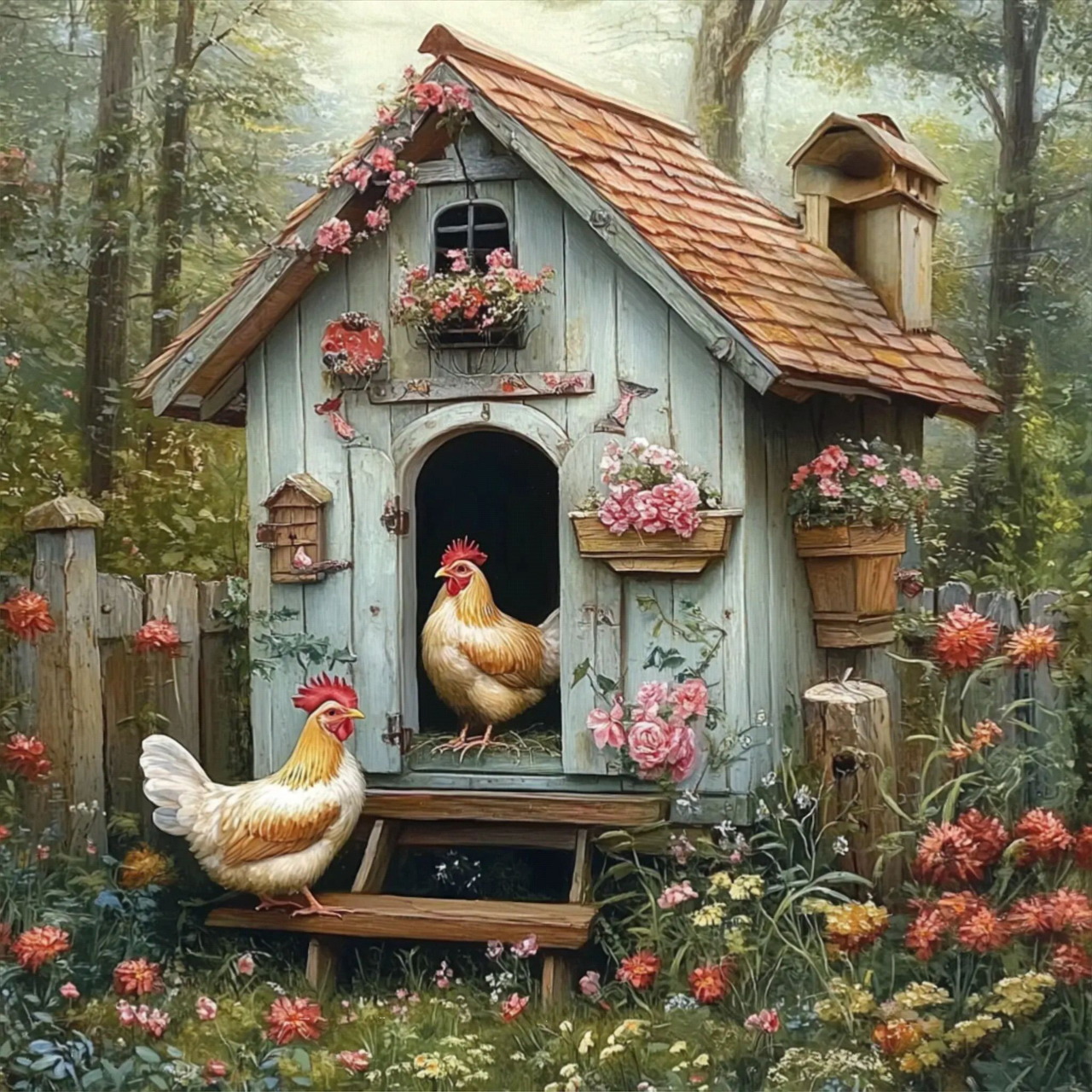 Painted scene of two chickens in front of a blue wooden coop decorated with flowers in a garden