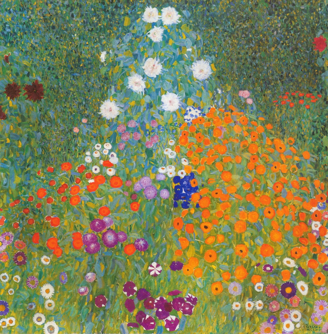 Colorful painting of a flower-filled garden with dense green foliage and orange, white, purple, and red blooms