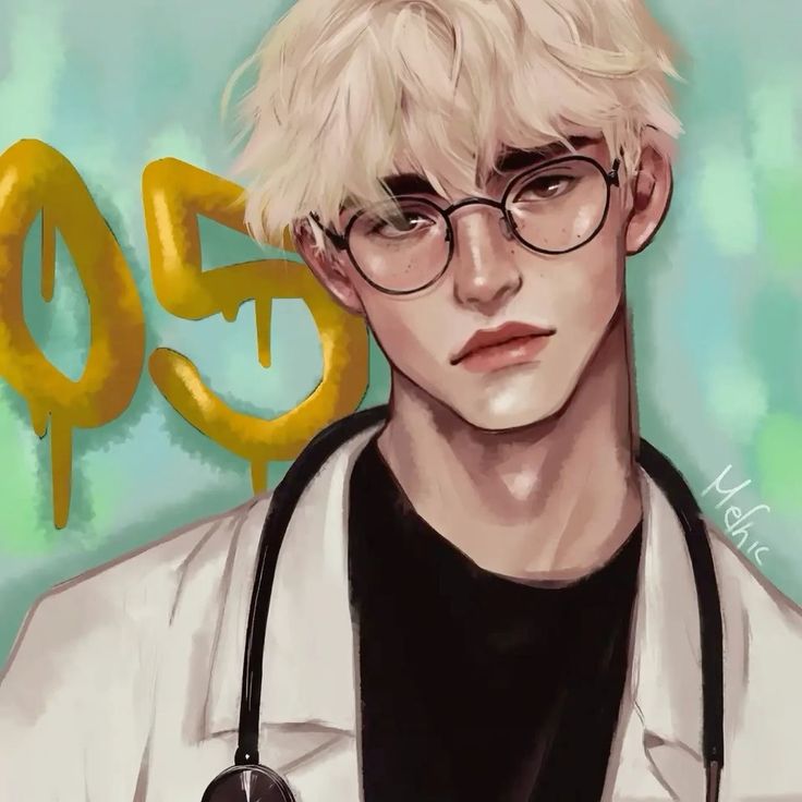 Illustrated blond young man wearing glasses, a white coat, and a stethoscope on a teal background