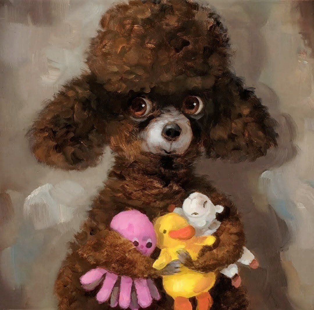 Painting of a brown poodle holding colorful stuffed toys