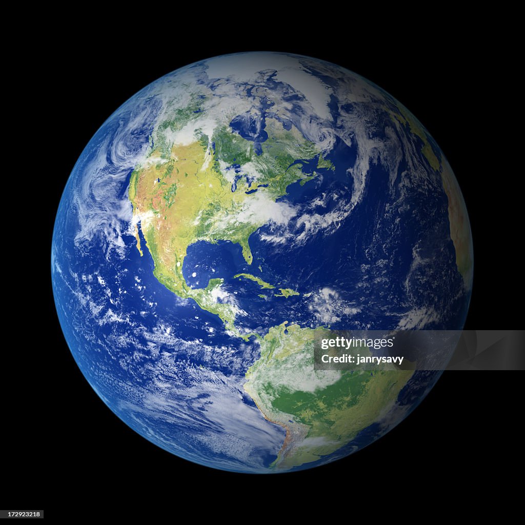 Planet Earth seen from space with North America visible against a black background