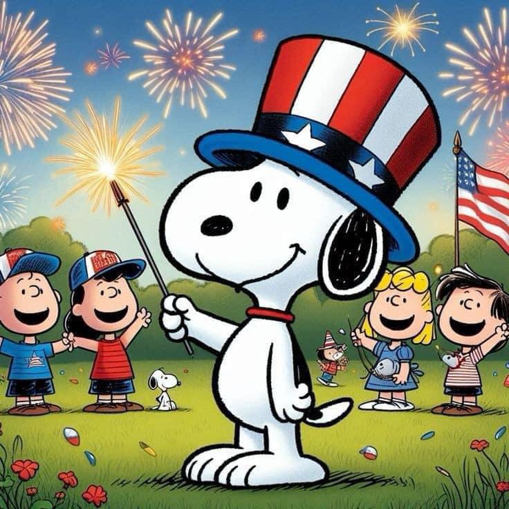 Snoopy wearing red white blue Uncle Sam hat holding sparkler with Peanuts gang watching fireworks