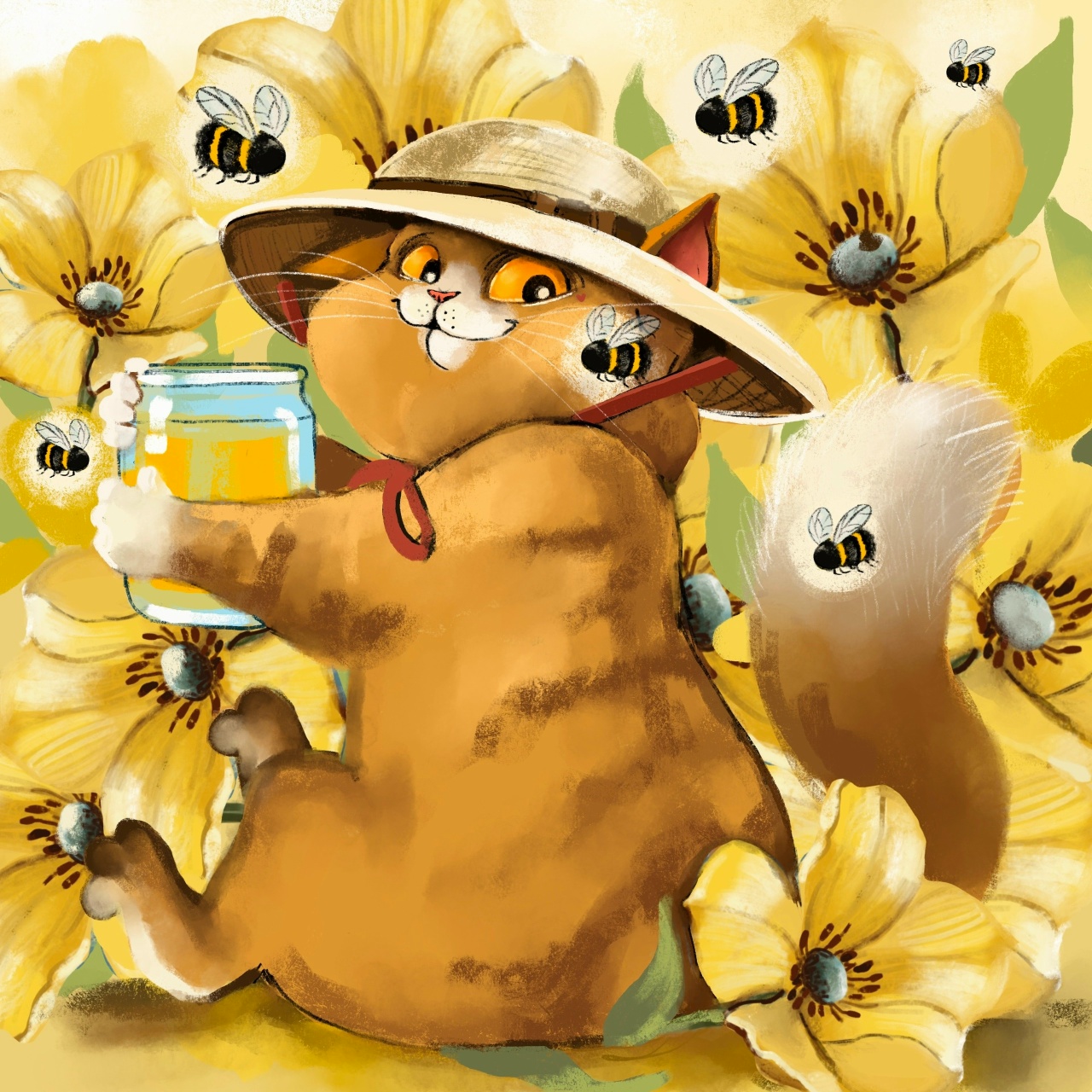 Cartoon cat in straw hat with honey jar surrounded by yellow flowers and bees