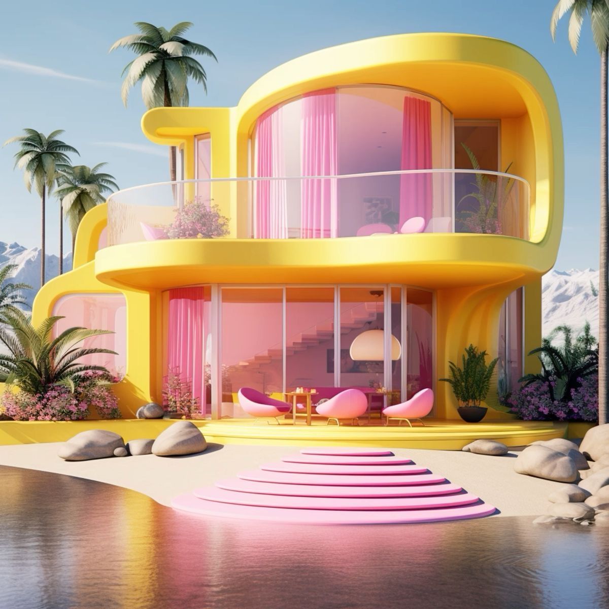 Futuristic yellow and pink house with curved balconies, palm trees, and a reflective pool