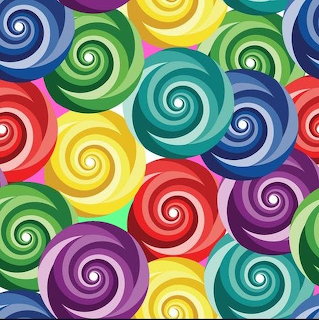 Seamless pattern of colorful swirling lollipops in multiple bright colors