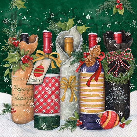 Five festive wine bottles with holiday decorations, pine branches, ornaments and snowflakes on green background
