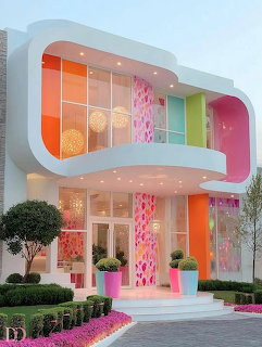 Futuristic house with colorful bubble-shaped rooms and rainbow translucent panels