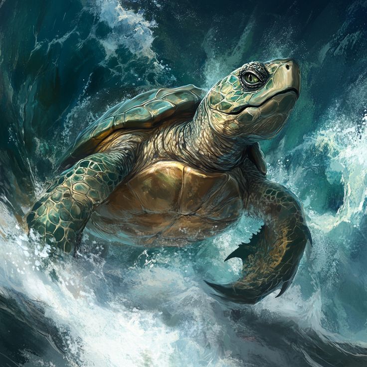 Sea turtle swimming through turbulent blue-green ocean waves with white foam and dramatic lighting
