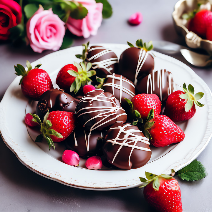 Chocolate covered strawberries with white chocolate drizzle on white plate surrounded by pink roses