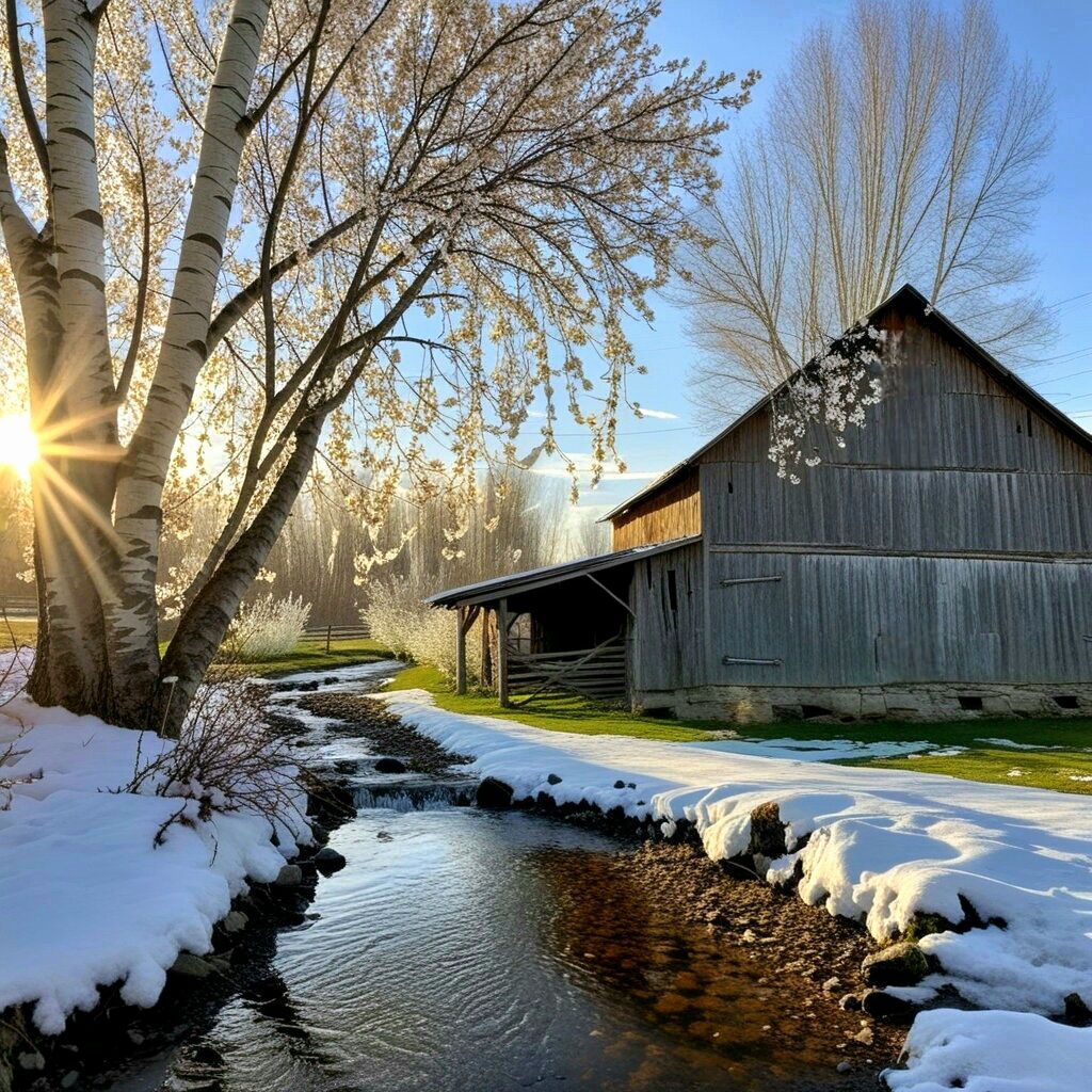 Wooden barn beside a creek in a snowy rural winter landscape with bare trees and sunlight