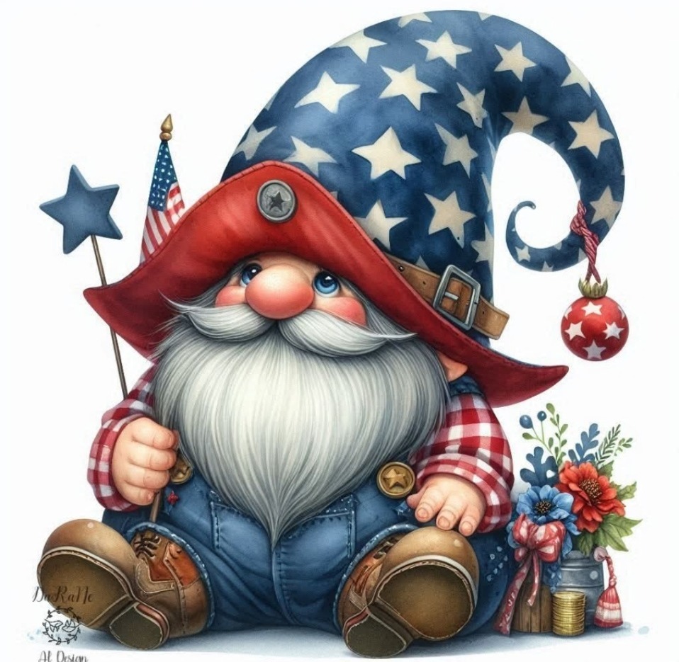 Illustrated patriotic gnome with blue star hat, American flag, denim overalls, and red white blue decorations