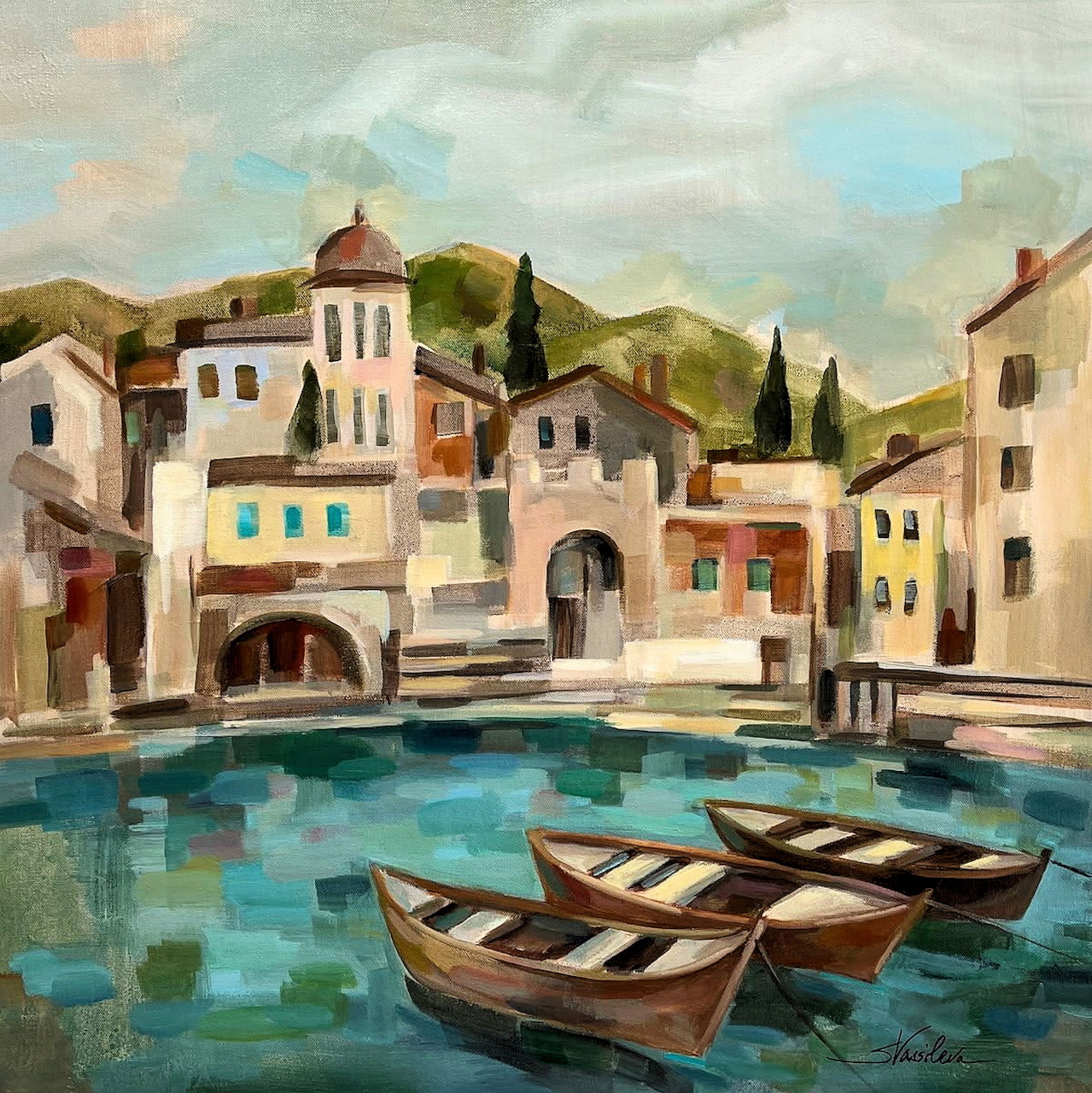 Oil painting of Italian coastal village with boats in harbor, pastel buildings and cypress trees under cloudy sky