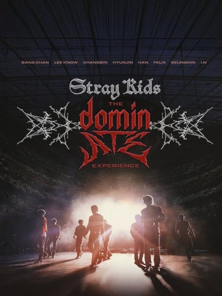 Stray Kids dominATE Experience concert poster with silhouettes of group members on a bright stage