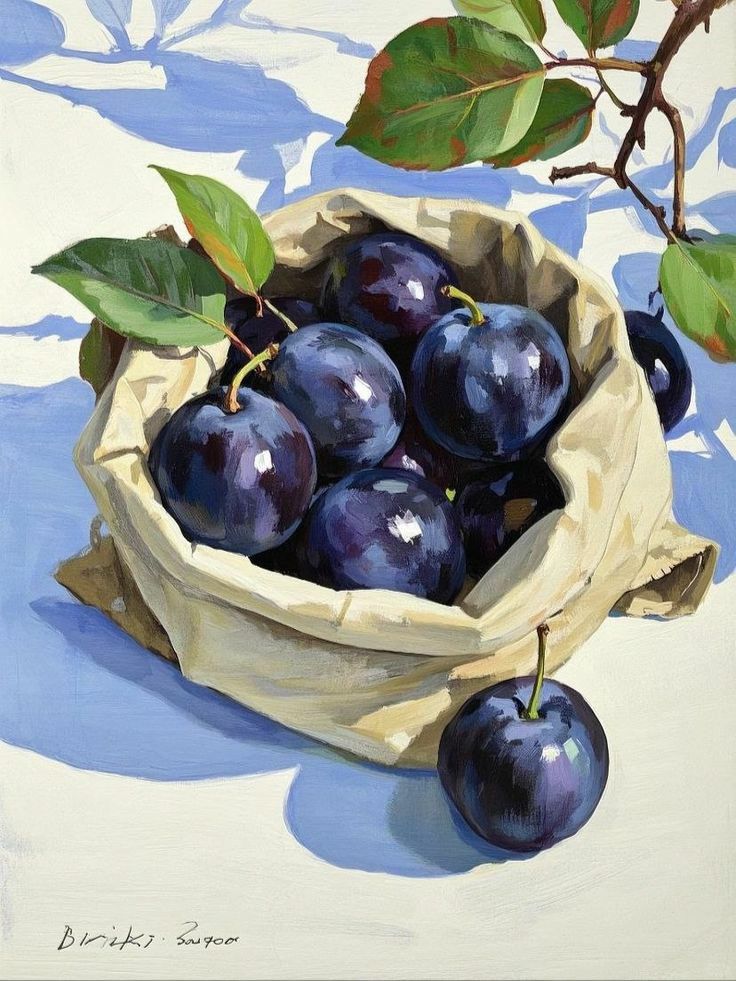 Painting of dark plums in a paper bag with green leaves on a light blue background