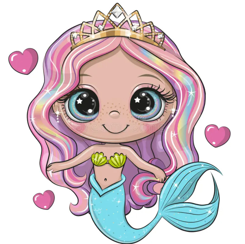 Cute cartoon mermaid character with big eyes, colorful wavy hair, crown, and aqua tail with pink hearts