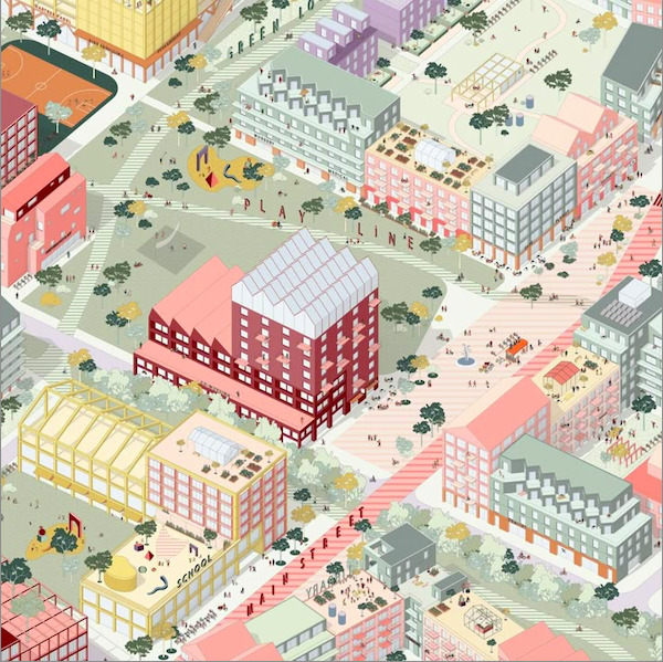 Pastel isometric city scene with colorful buildings, roads, trees, and small figures
