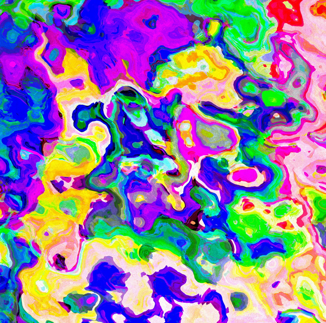 Abstract swirling patterns in vibrant neon pink, purple, green, yellow and blue colors