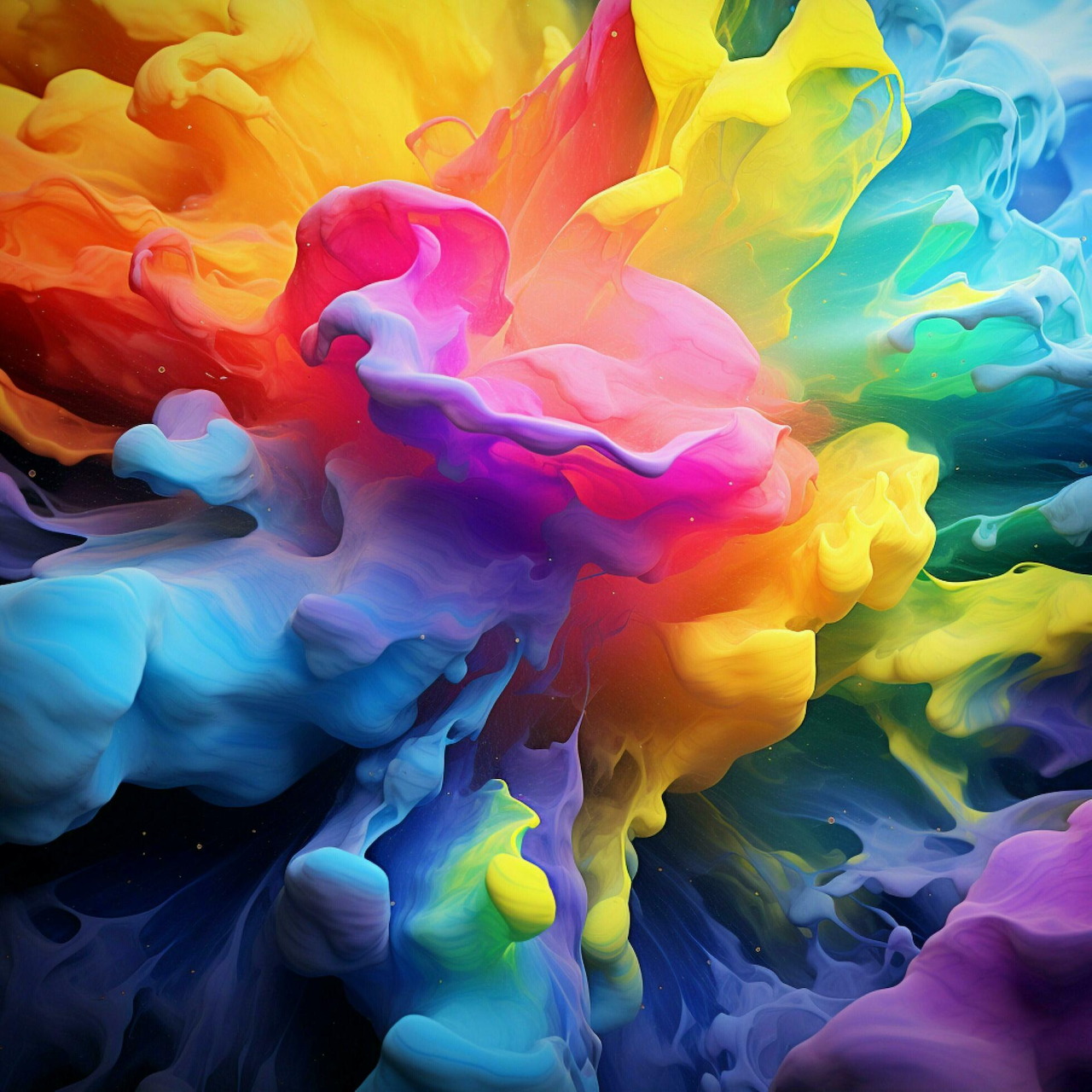 Abstract swirl of bright rainbow colors blending like ink or paint clouds