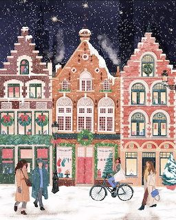 Illustration of snowy Christmas townhouses at night with wreaths, people walking, and a bicycle