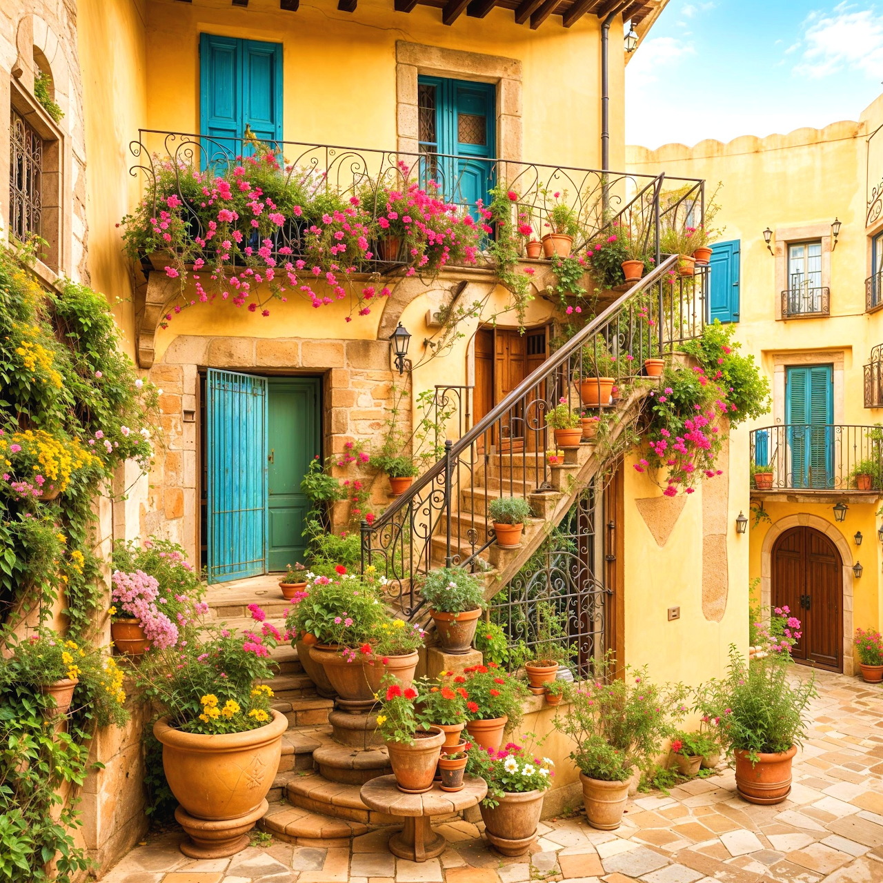 Mediterranean house courtyard with stairs, turquoise doors, flower-filled balcony and terracotta pots in warm sunlight