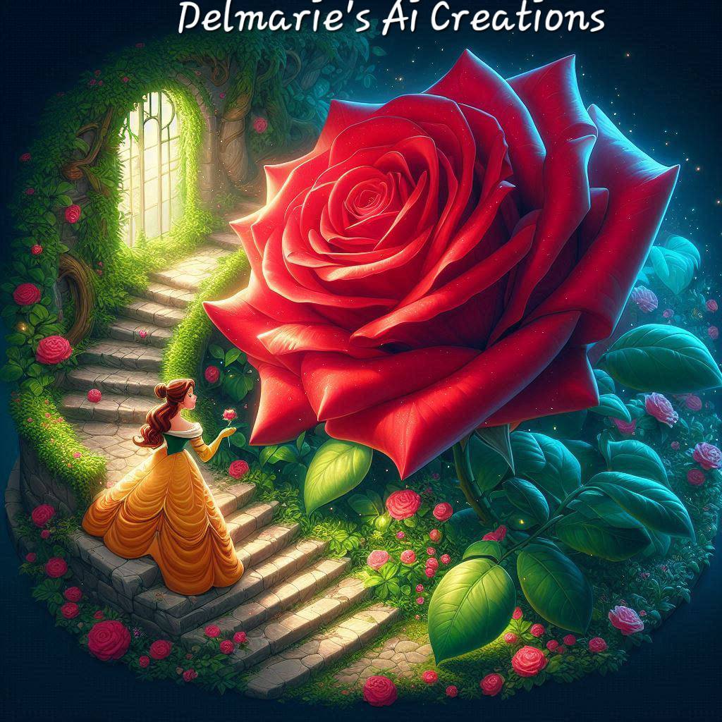 Woman in a golden dress walks beside a giant red rose toward a glowing doorway in a fantasy garden