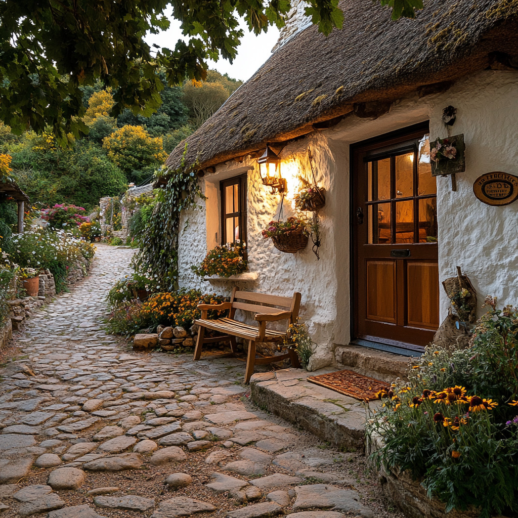 Thatched cottage with glowing windows along cobblestone path at dusk surrounded by flowers and greenery