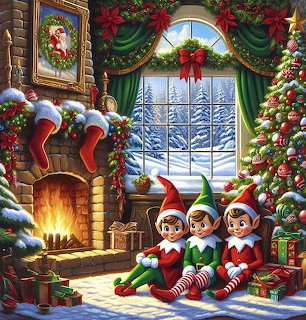 Christmas Elves by Fireplace